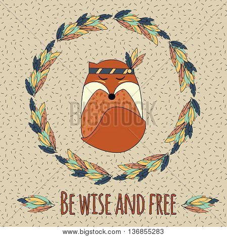 Boho fox and feather wreath in hand drawn style. Tribal ethnic boho chic inspirational vector illustration