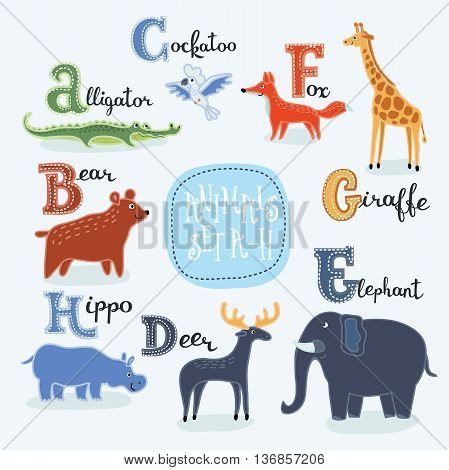Vector illustration of alphabet animals from A to H with latin names