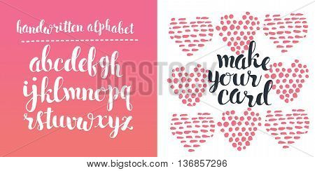 Set for greeting card. Handwritten alphabet and hand drawn heart. Make your lettering card
