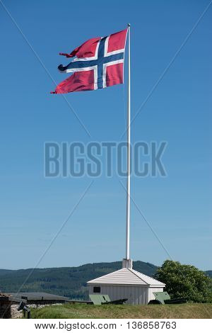 Norwegian flag in Kongsvinger Fortress, Hedmark, Norway