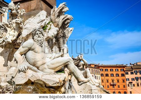 Rome Italy. Fountain of the Four Rivers (Fontana dei Quattro Fiumi) with an Egyptian obelisk in famous Piazza Navona square