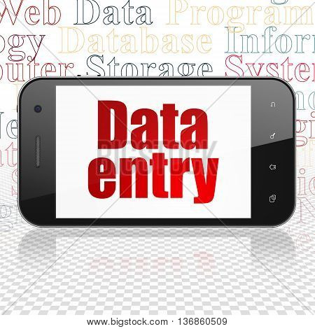 Data concept: Smartphone with  red text Data Entry on display,  Tag Cloud background, 3D rendering