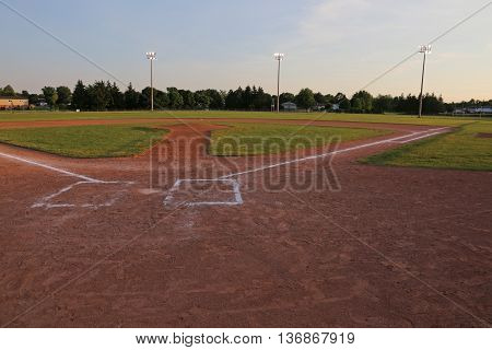A wide angle shot of a baseball field.