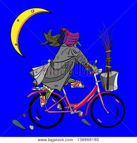 vector illustration of a funny witch riding a bicycle with broomstick inside the basket at night magic halloween design