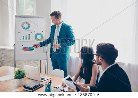 Young Businessman Making Presentation And Showing Diagrama On Whiteboard