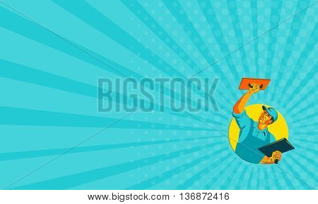 Business card showing WPA style illustration of a plasterer masonry tradesman construction worker with trowel viewed from the front set inside circle.
