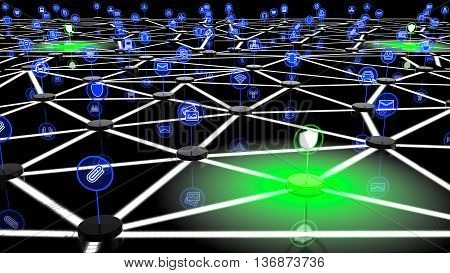 Secure network with IOT icons and green shielded nodes 3D illustration security concept