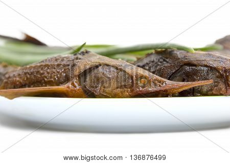 Hot smoked sturgeon on a plate on White background
