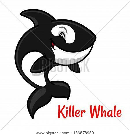 Black and white spotted killer whale cartoon character leaping out the water to breathe. Cute orca with happy smile for zoo mascot or t-shirt print design