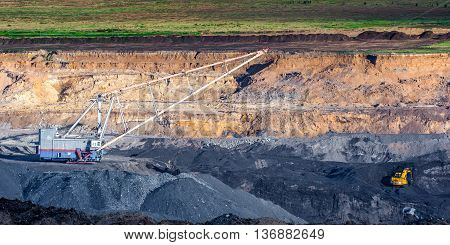 Dragline on open pit coal mine in Russia