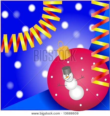 Sfera di Natale rosso con il pupazzo di neve e una ghirlanda