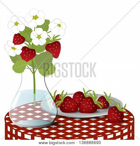 Plate with strawberries and a vase with a bouquet of blossoming strawberry on a checkered tablecloth, Isolated on white background, vector illustration