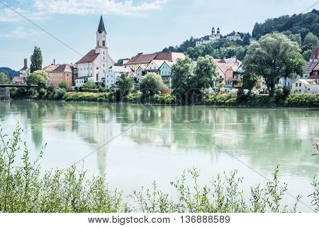 Saint Gertraud church and Sanctuary Mariahilf on the hill in Passau Germany. Cultural heritage. Religious architecture. Beautiful place. Old houses. Architectural theme.