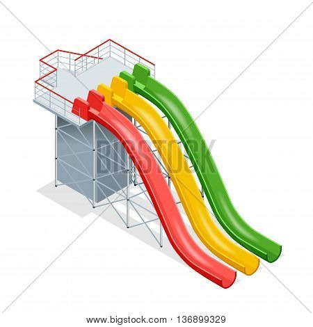 Water slides isolated on a white background. Flat 3d isometric illustration. Water amusement park playground.