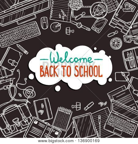 School And Eucation Hand Drawn Background With School Accessories On Blackboard