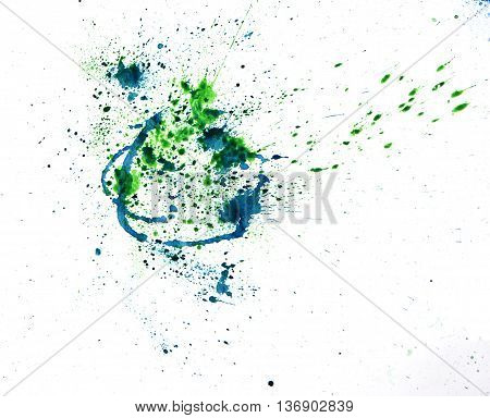Green bluea watercolour splatter. Blue ink spot blotch isolated. Beautiful watercolor smudges