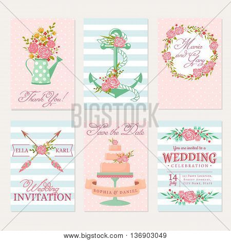 Set of wedding invitations. Elegant bunner templates in pink blue and white colors. Cute cards with flowers. Vector romantic collection.
