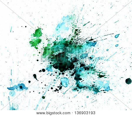 Green bluea watercolour splatter. Blue ink spot blotch isolated. Beautiful watercolor smudges