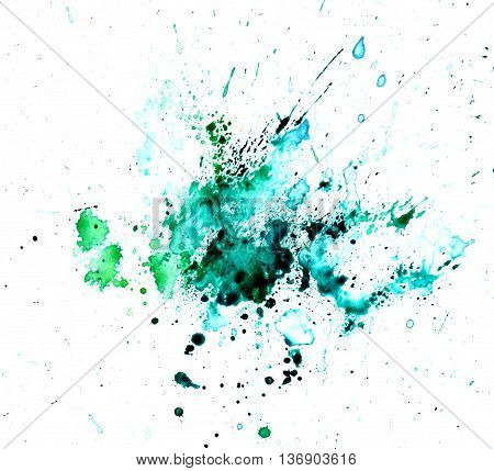 Green bluea watercolour splatter. Blue ink spot blotch isolated. Beautiful watercolor smudges
