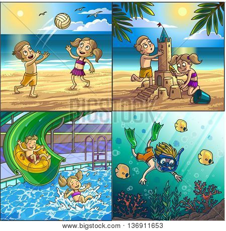 Summer fun on beach. Children are playing on seaside playing volleyball, building sand castle, diving. Water hills in an aquapark. Vector Illustration.