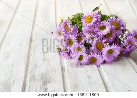 Bouquet Garden Chrysanthemums On A White Wooden Background