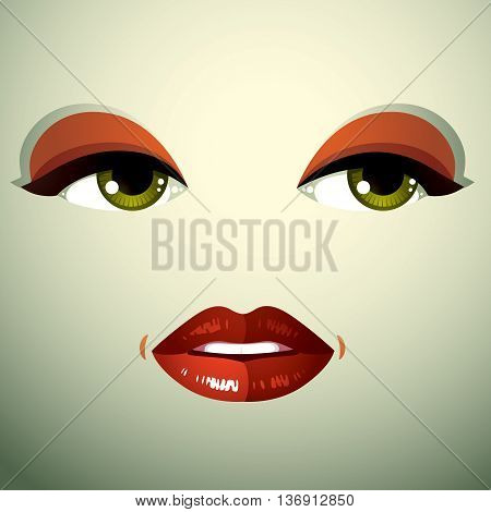 Attractive woman with stylish bright make-up. Sexy Caucasian distrustful lady. Human eyes and lips reflecting emotions doubt.