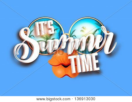 Summer lettering design with sunglasses and kissing full lips. Bright design with hand written Its summer time words. Vector Illustration on colorful background with white clouds.