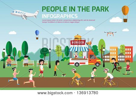 Rest in the park infographic elements flat vector design. People spend time relaxing and various activities in nature that have food truck. vector illustration.