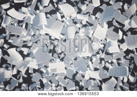 Flying paper sheets with text on dark background. 3D Rendering