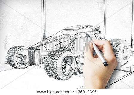 Hand drawing Hot Rod car blueprint with pen
