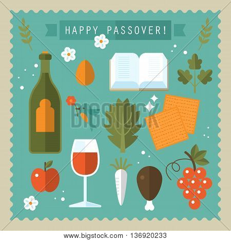 Jewish holiday celebration of Passover seder flat icons
