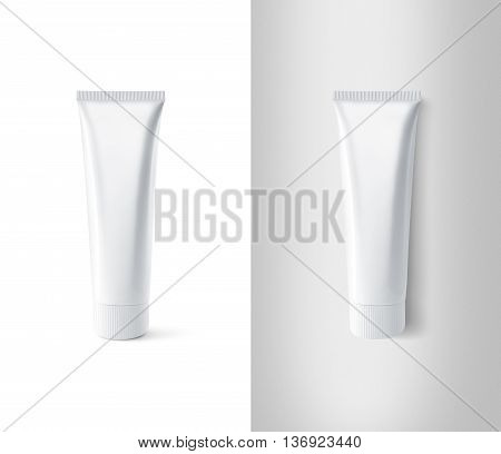 Blank white toothpaste tube design mockup set, isolated, clipping path. Clear paste packaging stand and lies mock up. Tooth powder empty package bottle template container. Dentifrice gel tube flacon.