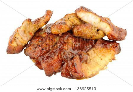 Slow cooked pork belly slices isolated on a white background