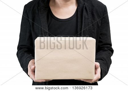 small parcel presented on a human hand Isolated on white background