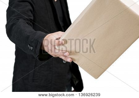 small parcel presented on a human hand Isolated on white background