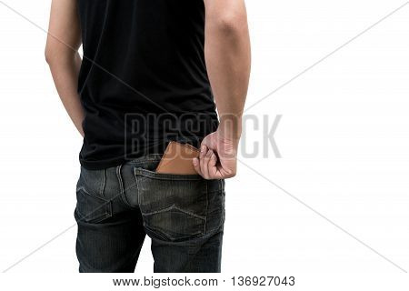 Young fashion man wearing jeans with pick the wallet on white background