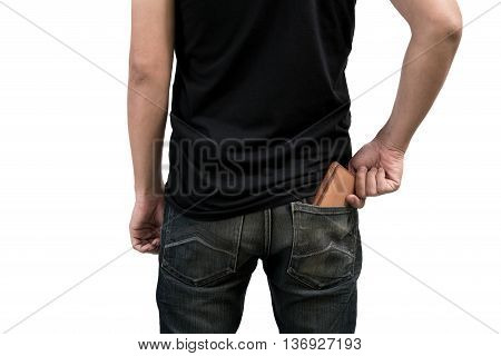Young fashion man wearing jeans with pick the wallet on white background