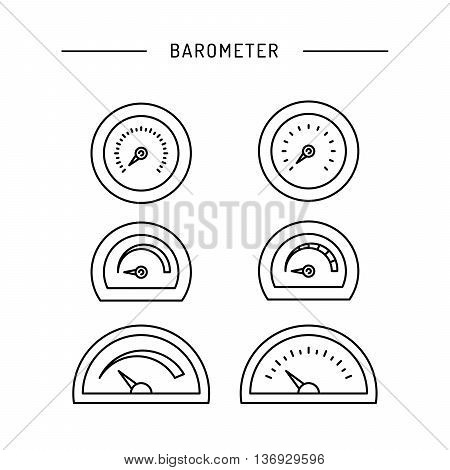 Image thermometer icons are drawn in a linear style a device for measuring temperature. Various types of electronic thermometers. infrared liquid measuring body temperature food environment.