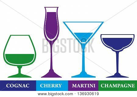 Tumblers set for cognac cherry martini and champagne