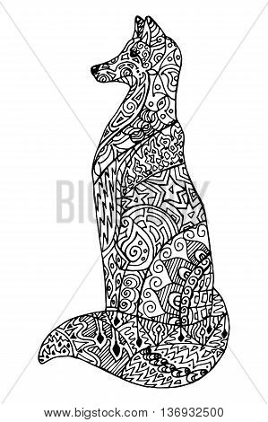 Abstract doodle outline fox illustration. Vector, black and white image.