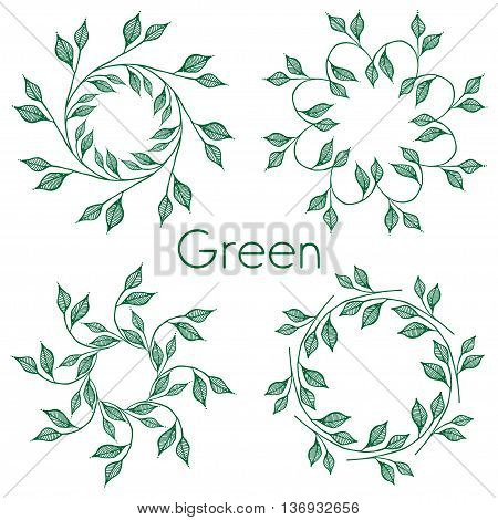 Set of 4 circular patterns. Green leaves in a circle. With inscription Green. On a white background. Vector illustration.