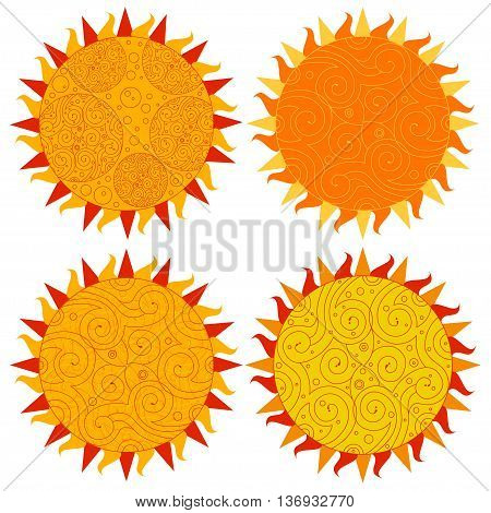 Set of sun icons isolated on white background. Creative yellow sunlight symbols. Flat design graphic. Vector illustration on the day of the sun.