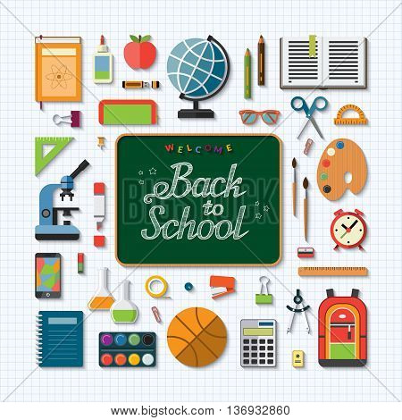 School education flat concept background. Chalkboard with handwritten inscription: Welcome back to school. Set of school items, supplies- schoolbook, notebook, stationary, training aids, ball, bag etc