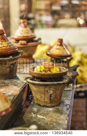 Selection Of Very Colorful Moroccan Tajines (traditional Casserole Dishes)