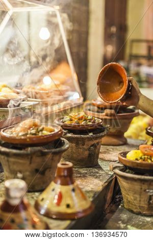 Selection Of Very Colorful Moroccan Tajines (traditional Casserole Dishes)
