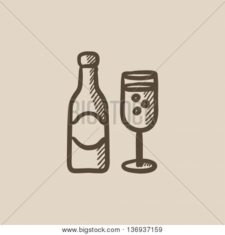 Champagne bottle and two glasses vector sketch icon isolated on background. Hand drawn Champagne bottle and two glasses icon. Champagne bottle and glasses sketch icon for infographic, website or app.