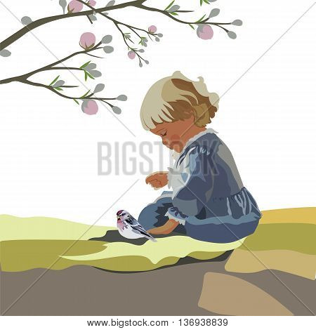 Little baby girl playing in a garden. Vector beautiful cute illustration for Children's Day
