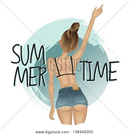 Summer girl in jeans shorts and bikini on the background of the wave