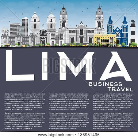 Lima Skyline with Gray Buildings, Blue Sky and Copy Space. Vector Illustration. Business Travel and Tourism Concept with Lima City. Image for Presentation Banner Placard and Web Site.