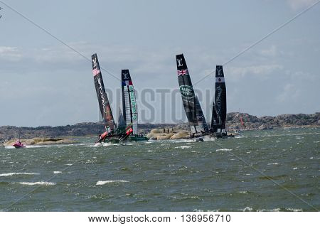 very fast boat sailng in americas cup in the competition in Gothenburg 2015-08-28